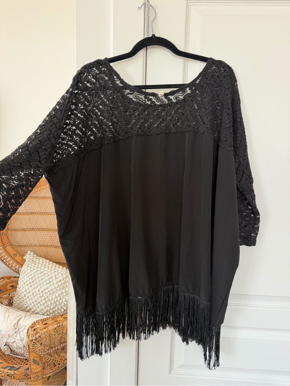 l*space Black Crochet Yoke Fringe Swim Coverup